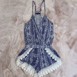 Blue & White Summer Romper with Crochet Trim